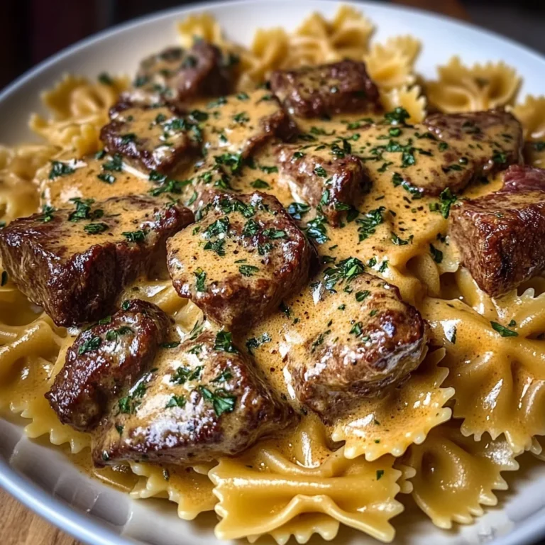 Beef and Bowtie Pasta in Cheddar Sauce