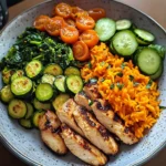 Colorful Chicken Veggie Plate with Carrot Rice & Salad