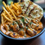 Creamy Butter Chicken with Garlic Drizzle, Fries & Warm Naan
