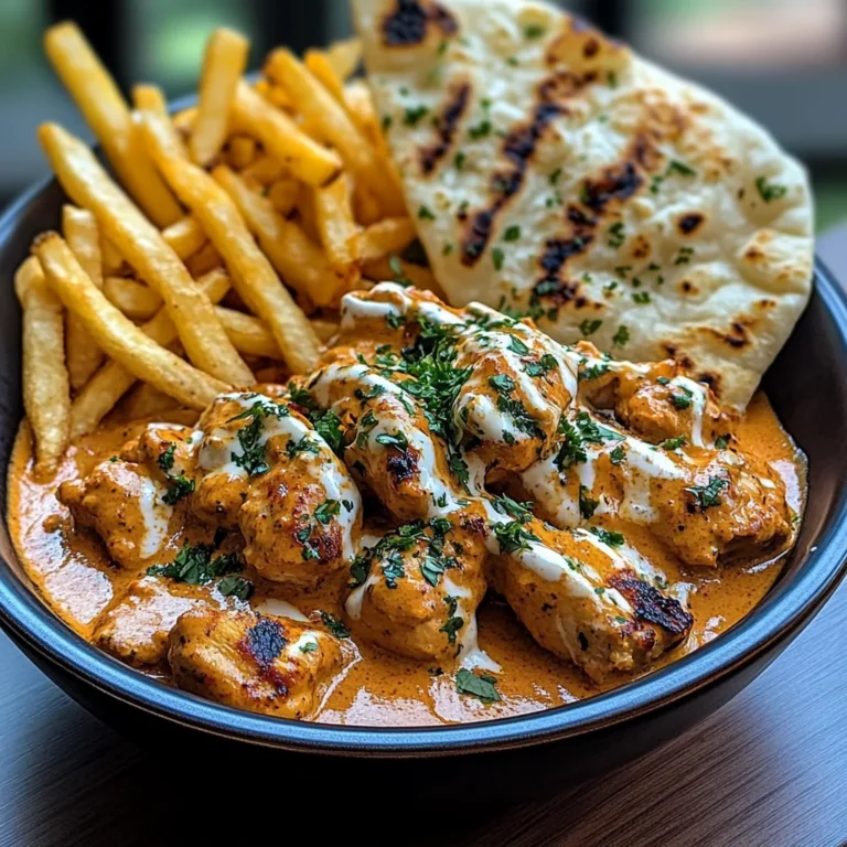 Creamy Butter Chicken with Garlic Drizzle, Fries & Warm Naan