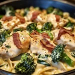 Creamy Garlic Butter Chicken Alfredo with Spinach, Bacon & Broccoli