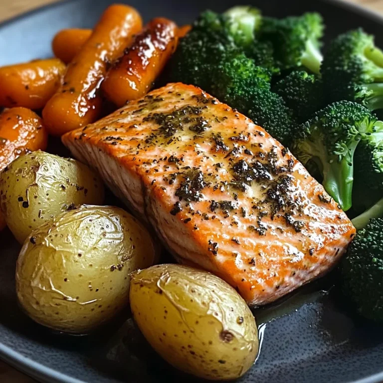 Garlic-Herb Salmon with Roasted Potatoes, Glazed Carrots & Broccoli