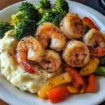 Garlic Butter Shrimp with Sautéed Veggies & Creamy Mashed Potatoes