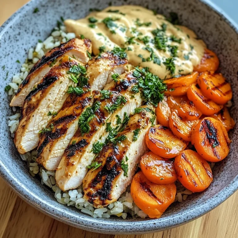 Grilled Chicken Bowl with Herbed Rice, Glazed Carrots & Creamy Sauce