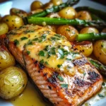 Grilled Salmon with Garlic Potatoes & Cheesy Asparagus