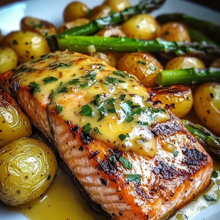 Grilled Salmon with Garlic Potatoes & Cheesy Asparagus