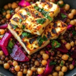 Halloumi with Lemony Lentils, Chickpeas and Beets