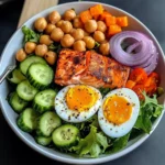 Omega Bowl: Salmon, Jammy Egg & Greens with Chickpeas & Sweet Potato