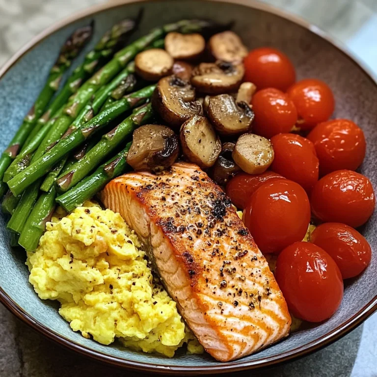 Salmon Power Bowl with Scrambled Eggs, Asparagus & Sauted Mushrooms