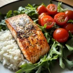 Seared Salmon with Rice & Arugula Tomato Salad